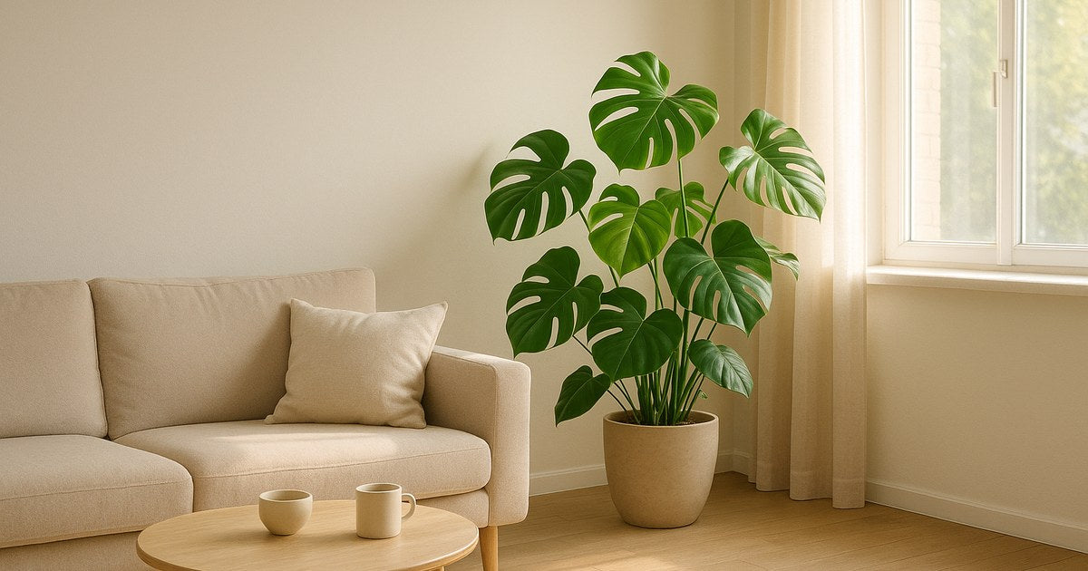 Healthy monstera houseplant by a sunny window in a calm, bright living room