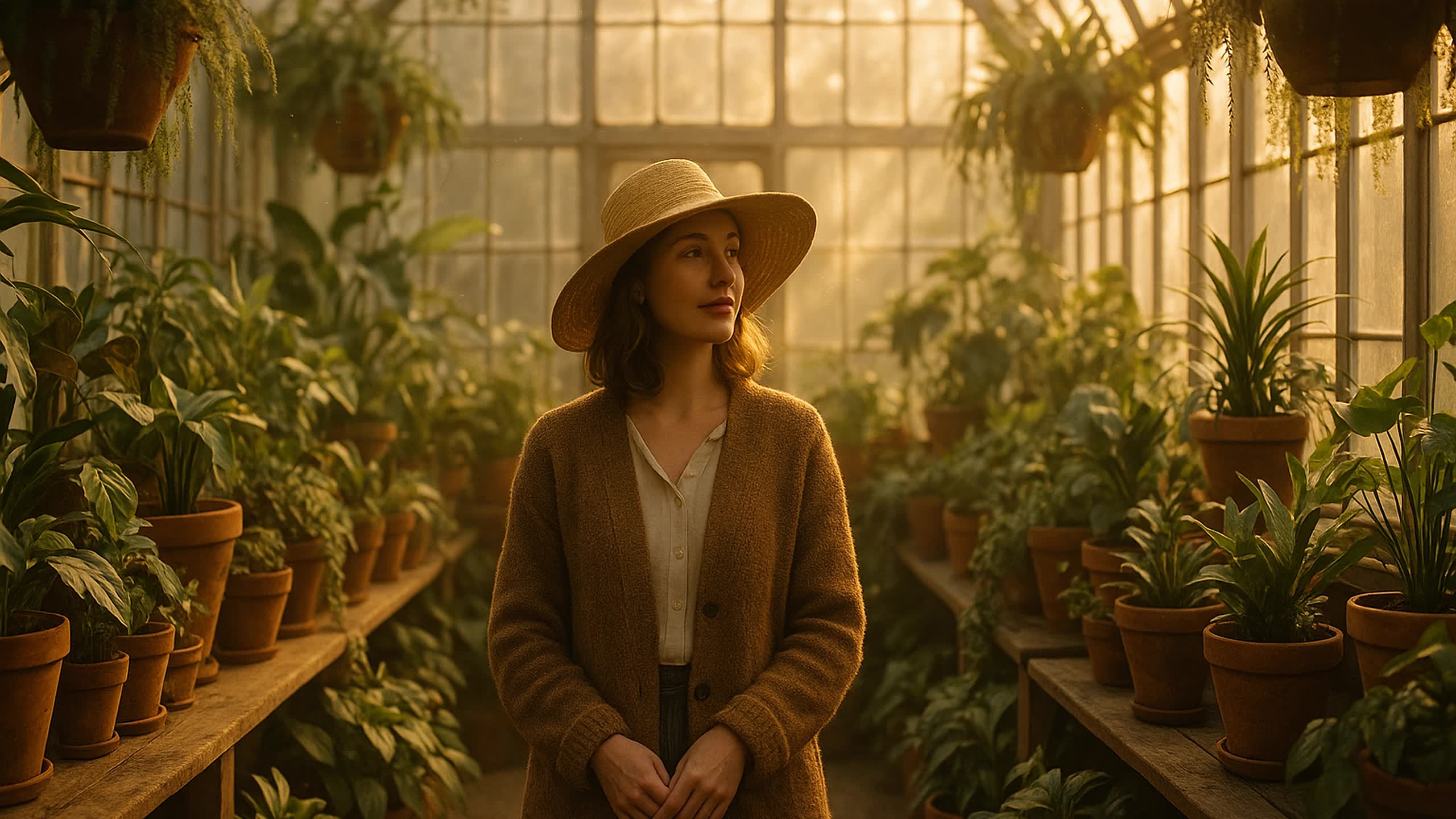 Woman tending live houseplants in a sunlit greenhouse — Florida Plant
